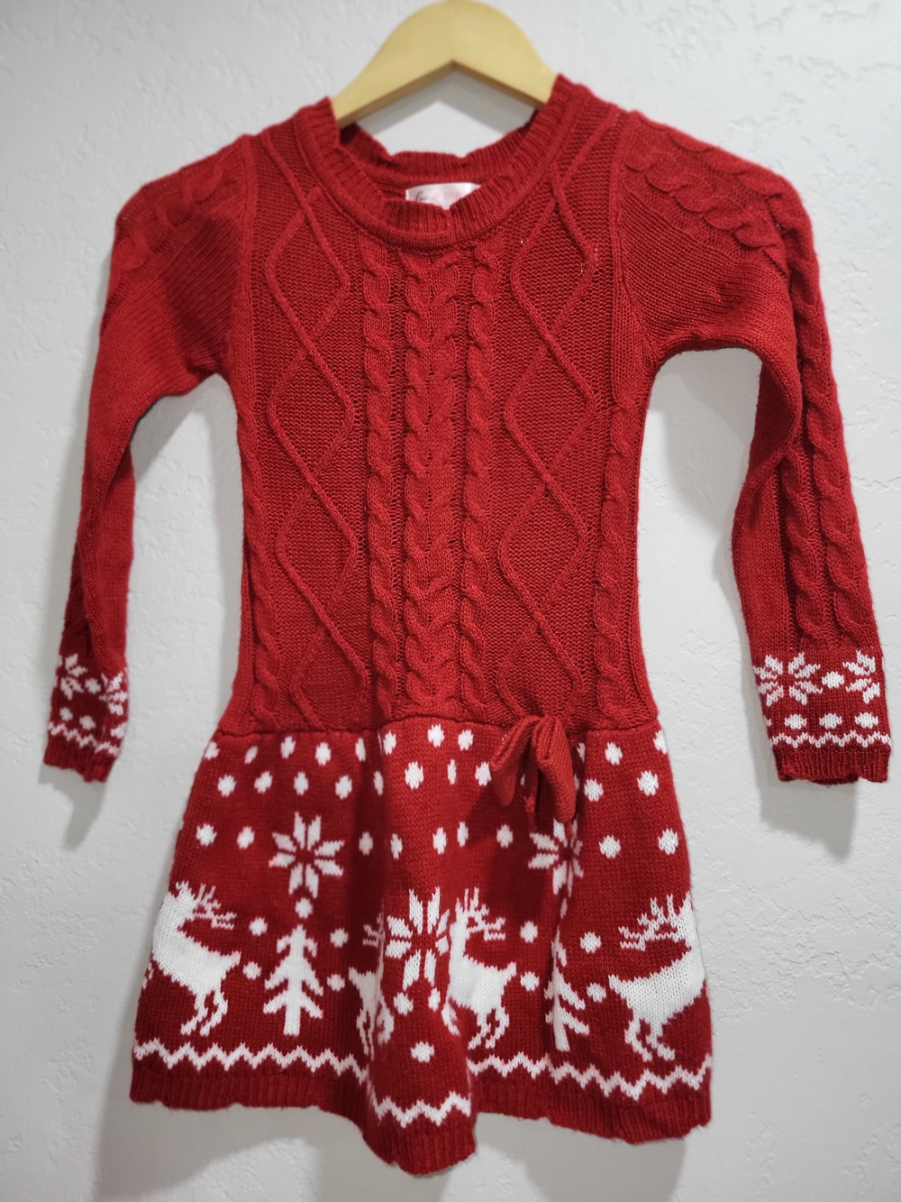 Girls Red Cable-Knit Reindeer Sweater Dress